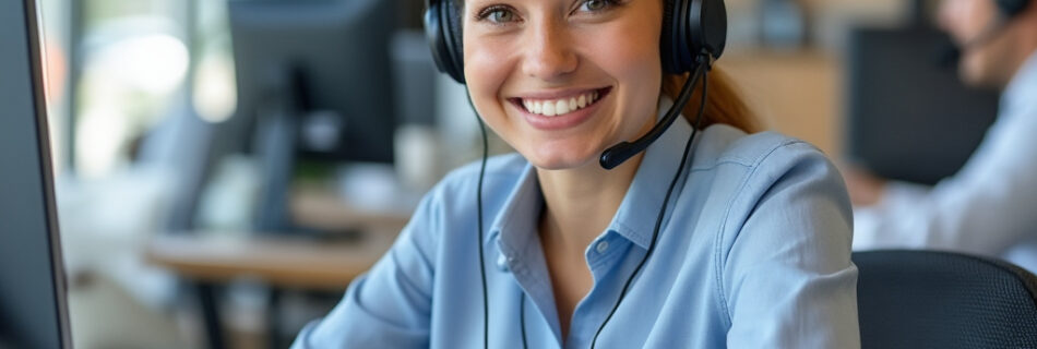 a friendly blonde headed female customer service rep with a headset looks towards the viewer.
